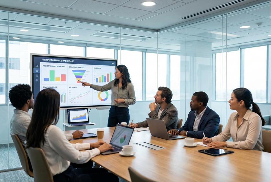Équipe de dirigeants et marketeurs analysant le ROI d'une refonte web stratégique